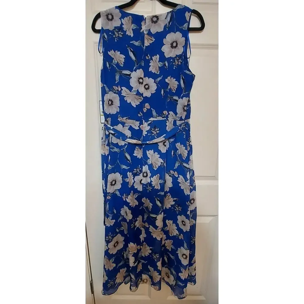 Jessica Howard Missy 14 Blue Floral Chiffon Faux-Wrap Midi Dress Ruffle Tie NWT